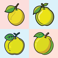 Collection of Four Yellow Quince Fruit Illustrations with Green Leaves