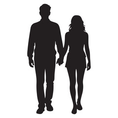 a man and a woman walking hand in hand. The man is on the left side of the image and the woman is in the center. Vector Black silhouettes. with white background