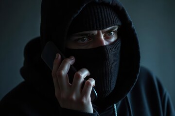 Close-up of a person in a black mask speaking on a phone.