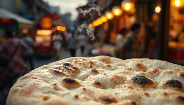 Close up of Freshly Baked Taftan Bread in a Vibrant Street Market Background with Rising Steam Hot and Ready