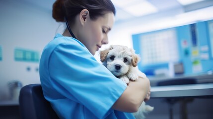 A young woman in blue scrubs holds a small white and brown dog in a veterinary clinic.