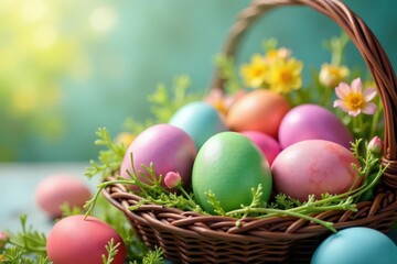 Colorful Easter eggs nestled in a basket with spring flowers, signifying the religious celebration of Easter , festive, christianity