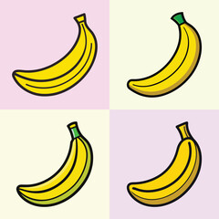 Four Yellow Bananas Illustration in Different Positions Simple Cartoon Style