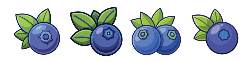A cartoon illustration of four groups of blueberries on a white background