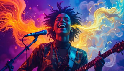 Woman Singing Playing Guitar in Concert