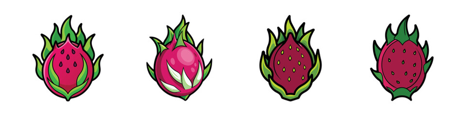 Dragon Fruit Illustration Set: A vibrant and graphic set of four illustrated dragon fruits, showcasing their unique shapes and colors.  Each fruit is depicted with intricate detail and a delightful.
