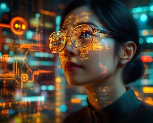 Woman, futuristic glasses, digital overlay