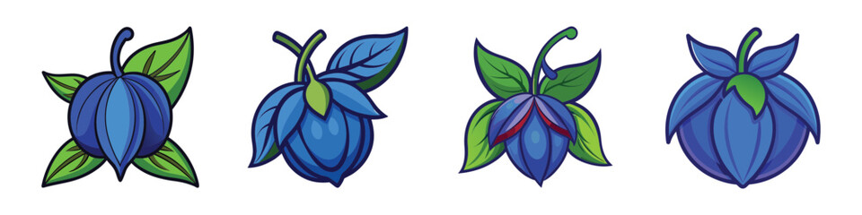 Blue Physalis Collection:  A vibrant collection of four stylized illustrations showcasing the unique beauty of blue physalis fruit, each depicted in varying stages of bloom.
