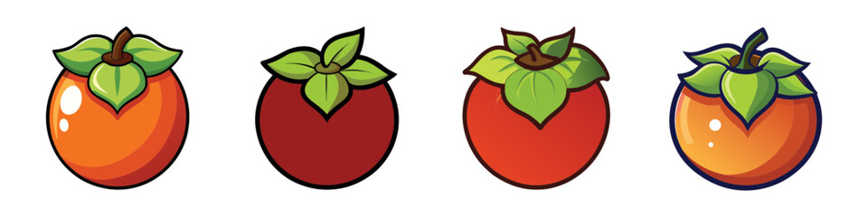 Four stylized persimmon fruits in different colors with leafy tops