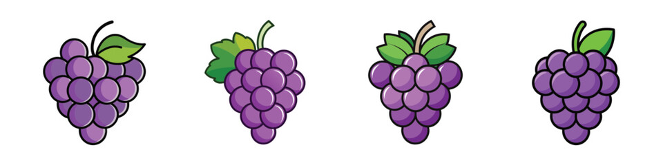 Four bunches of cartoon purple grapes with green leaves on white background