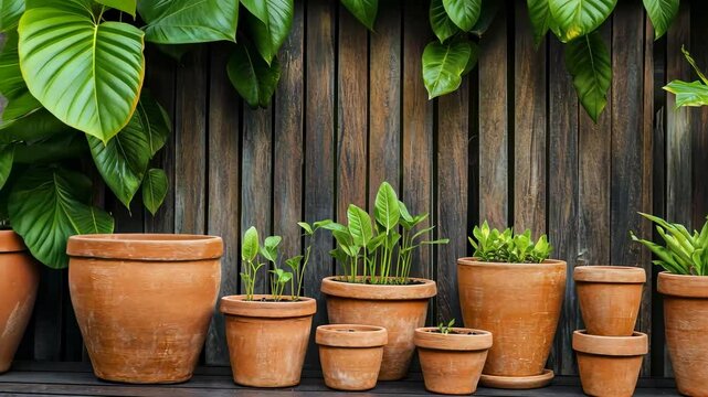 assorted terracotta pots with lush green plants against a wooden backdrop