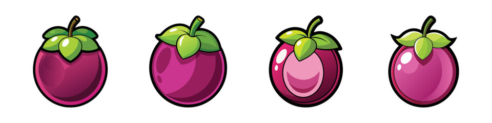Four cartoon mangosteen fruits in varying stages of ripeness and cartoon style