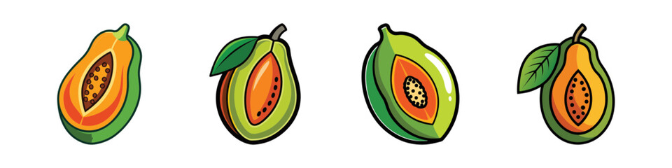 Vibrant Papaya Halves in Colorful Cartoon Style against a White Background