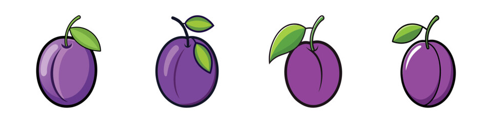Illustration of four cartoon plums with leaves isolated on a white background