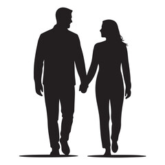 a man and a woman walking hand in hand. The man is on the left side of the image and the woman is in the center. Vector Black silhouettes. with white background