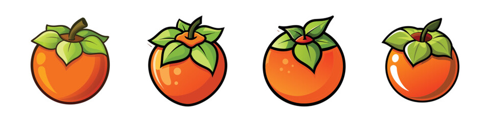 Four cartoon styled persimmon fruits with green leaves and brown stems