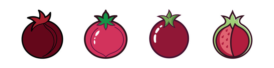Four stylized pomegranate fruits in a row isolated on a white background