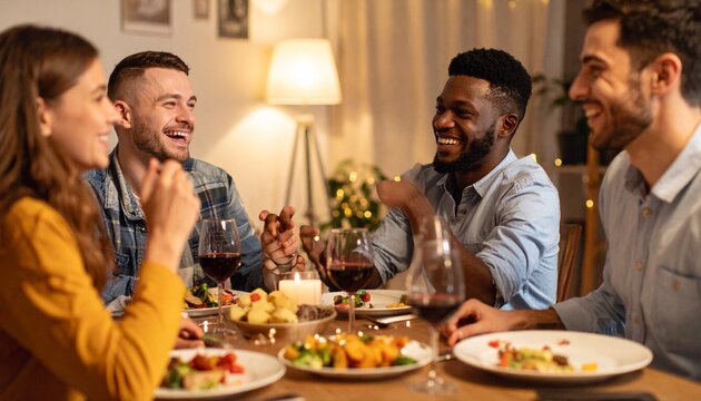 Custom AI Model of a diverse group of friends laughing at a cozy dinner party