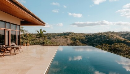 Fototapeta premium Modern house with infinity pool overlooking a lush landscape