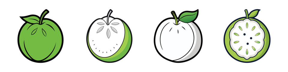Four stages of cartoon guava fruit illustration with black outline design