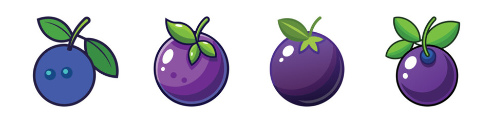 Four Cartoon Blueberries with Green Leaves Isolated on a White Background