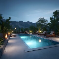 Refreshing Outdoor Pool Area with Scattered Greenery, Offering a Relaxing Oasis for Poolside Leisure