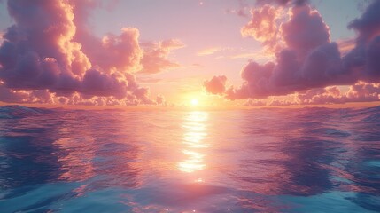 Pink sunset reflection over the sea, clouds scattered, soft peaceful light