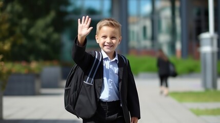 A young boy in a suit, waving and smiling, standing in front of a modern building.