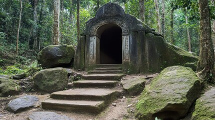 Mysterious stone shrine within a lush woodland setting evokes timelessness