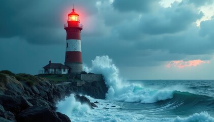 Obraz premium Isolated lighthouse battered by waves, stormy sea , power, rugged, powerful