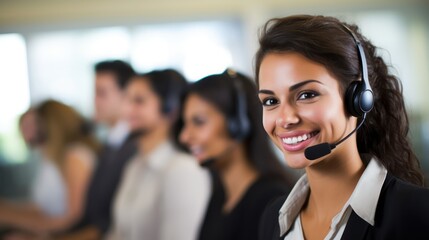 A smiling customer service representative with a headset, standing in a modern office with a glass wall.