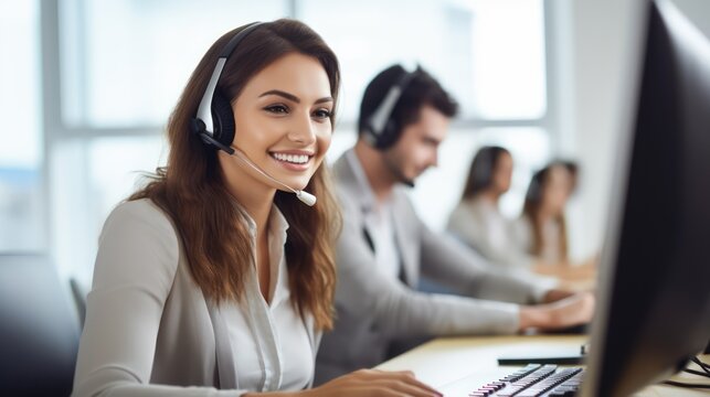 A smiling customer service representative wearing a headset, working at a desk in a call center.