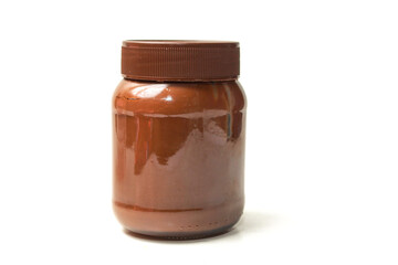 chocolate spread jar seen from the side, lid closed, isolated on white background