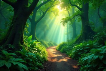 Obraz premium Mysterious rainforest path winding through lush foliage, dappled sunlight filtering through canopy , undergrowth, fauna, nature