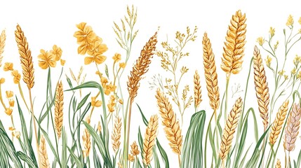 Delicate watercolor illustration of various wildflowers and grasses.