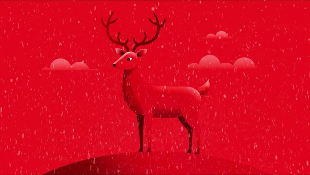 A lone red deer stands still against vibrant backdrop, while snow gently falls around it and soft clouds float serenely by.