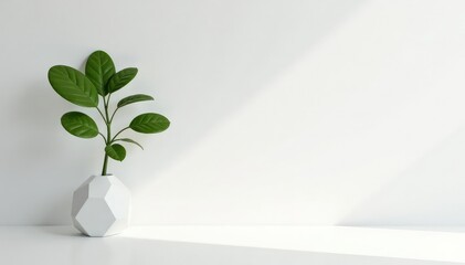 Simple, uncluttered white room with single plant and geometric vase , japandi, art, geometric