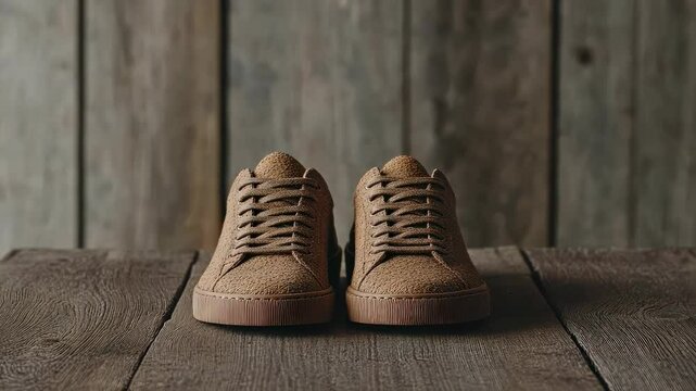 Stylish brown sneakers on rustic wooden background