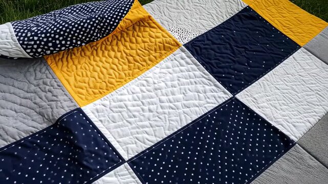 colorful patchwork quilt draped on grass