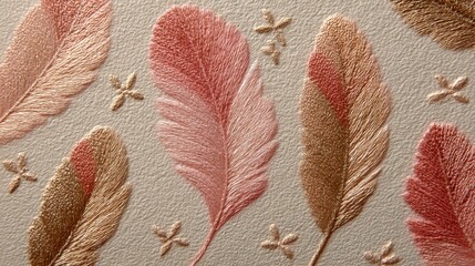 Embroidered Pink and Gold Feathers Texture Background Design