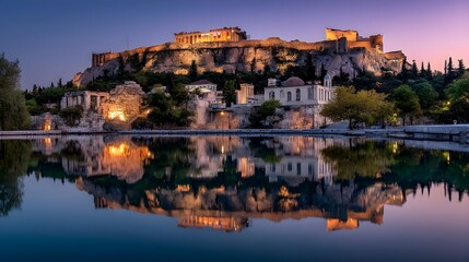 Witness Ancient Grandeur at Acropolis at Twilight Reflecting Golden Light on Marble Ruins Against Dusk Sky