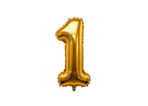 Gold foil balloon number one isolated on transparent background, number, digit, numeral. - Powered by Adobe