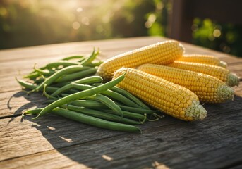 Freshly Harvested Corn and Green Beans on Rustic Wooden Table with Soft Sunset Light and Natural Background for Farm and Garden Imagery