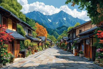 Fototapeta premium Quaint street with old wood buildings, flowers, and mountains in the background