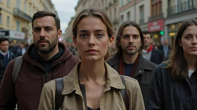 A woman leads a group through a bustling Parisian street a captivating urban scene