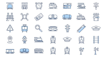 Train themed icons featuring tunnels trains tickets and warning signs in blue