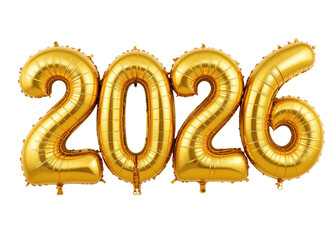 Fototapeta premium Gold foil balloons forming the number 2026, isolated on transparent background, New Year, celebration, future.