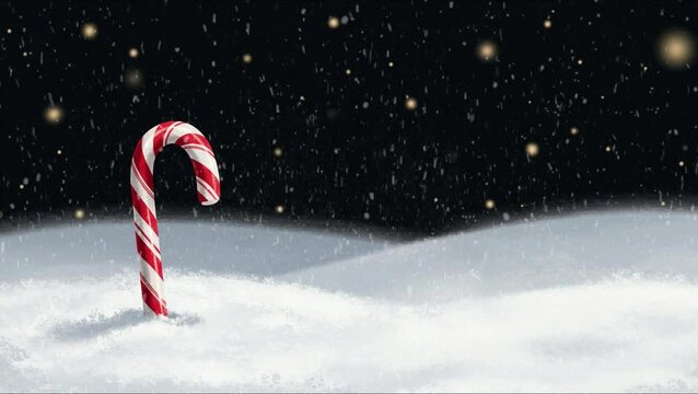 A lone candy cane stands in snowy landscape under dark, starry sky, hinting at Christmas and magical winter atmosphere.