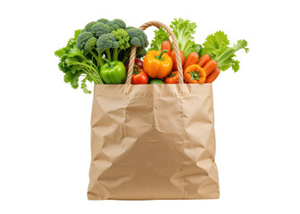 Paper bag full of fresh vegetables including broccoli, carrots, peppers, and lettuce isolated on transparent background. Shopping, healthy eating, grocery.