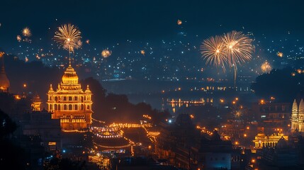 Spectacular Fireworks Display Over Illuminated Buildings in Varanasi, India